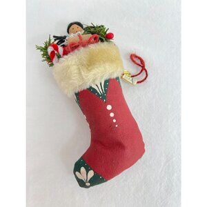 VTG Hand Painted Primitive Style Christmas Stocking Ornament With Doll & Greener
